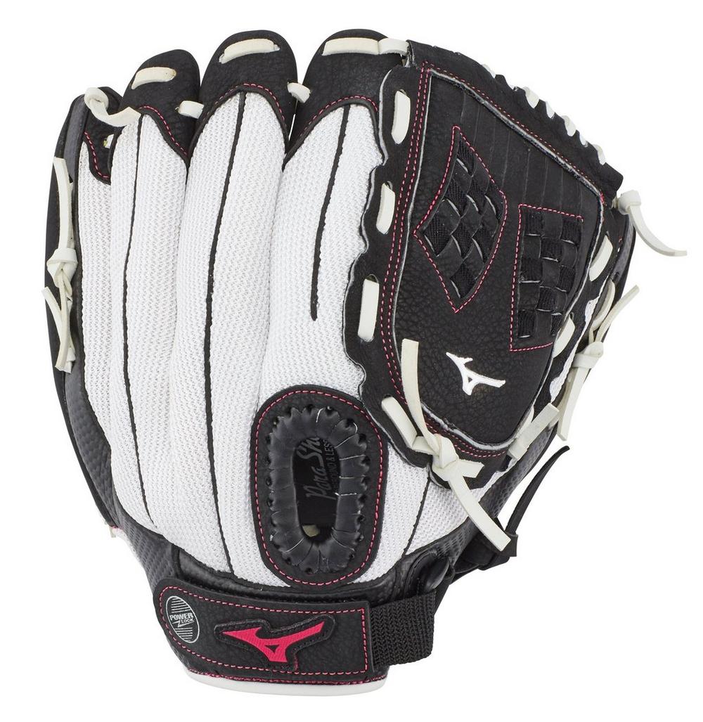 The Mizuno Prospect Finch 11.5" Fastpitch Glove (GPP1155F3) is a black and white youth softball glove designed for young athletes.
