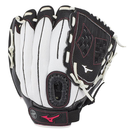 The Mizuno Prospect Finch 11.5" Fastpitch Glove (GPP1155F3) is a black and white youth softball glove designed for young athletes.