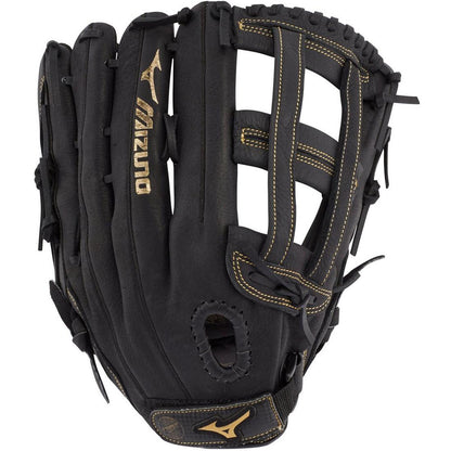 The Mizuno Premier 13" Slowpitch Glove: GPM1305 (312793) is shown from the palm side, featuring black leather with tan stitching, open webbing, and visible Mizuno logos on the thumb and back, showcasing its quality craftsmanship.
