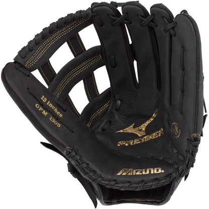 The Mizuno Premier 13" Slowpitch Glove: GPM1305 (312793) is a black glove with gold stitching and text, open web design, and "13 inches GPM 1305 Premier" on the palm—ideal for serious slowpitch softball players.