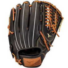 The Mizuno Select 9 11.5" Baseball Glove (GSN1150) features a black design with brown laces, white stitching, Bio Soft Leather, Mizuno logo near the thumb, and a brown patch on the wrist strap.