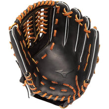 The Mizuno Select 9 11.5" Baseball Glove (GSN1150) features black premium Bio Soft Leather, brown laces, white stitching, and a web design between the thumb and fingers, shown open with the palm up.