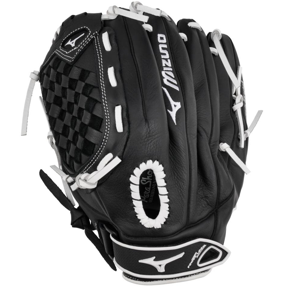 A Mizuno Prospect Select 12" Fastpitch Glove (GPSL1200F3) in black and white.