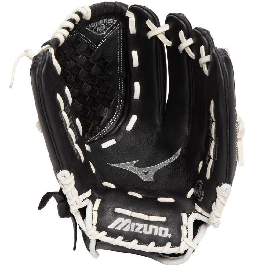 A Mizuno Prospect Select 12" Fastpitch Glove (GPSL1200F3, 312825) in black with white stitching and laces, displaying the inside palm area and Mizuno logo.