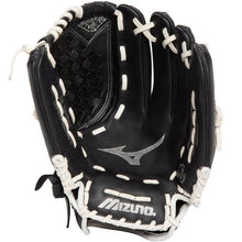 A Mizuno Prospect Select 12" Fastpitch Glove (GPSL1200F3, 312825) in black with white stitching and laces, displaying the inside palm area and Mizuno logo.