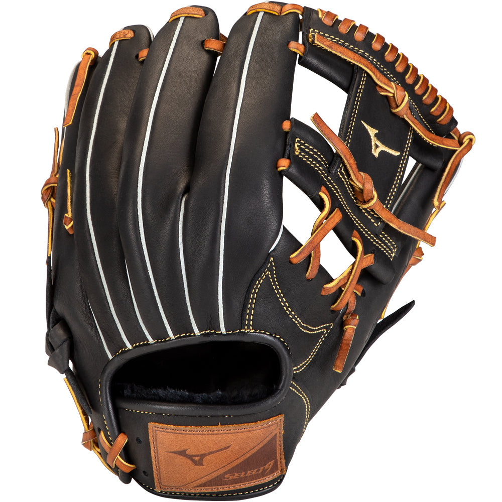 The Mizuno Select 9 11.25" Baseball Glove (GSN1125) is a black Bio Soft Leather infield glove with brown laces, white stitching, a brown Mizuno patch by the wrist, open web design, and reinforced finger backs.