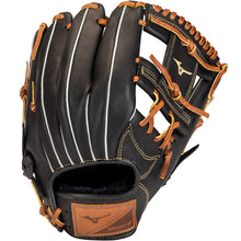 The Mizuno Select 9 11.25" Baseball Glove (GSN1125) is a black Bio Soft Leather infield glove with brown laces, white stitching, a brown Mizuno patch by the wrist, open web design, and reinforced finger backs.