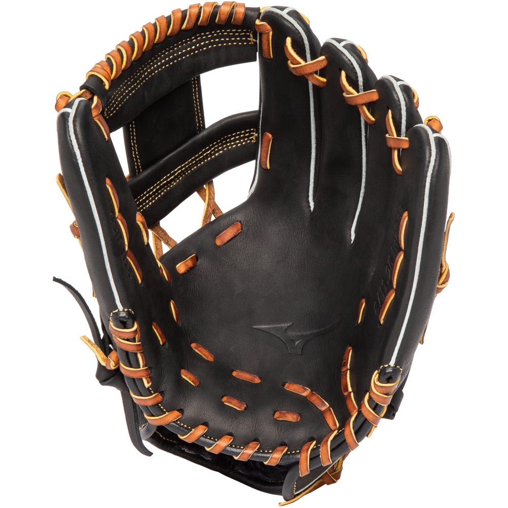 The Mizuno Select 9 11.25" Baseball Glove: GSN1125 (312847) is a black and orange infield glove made from premium Bio Soft Leather by Mizuno.