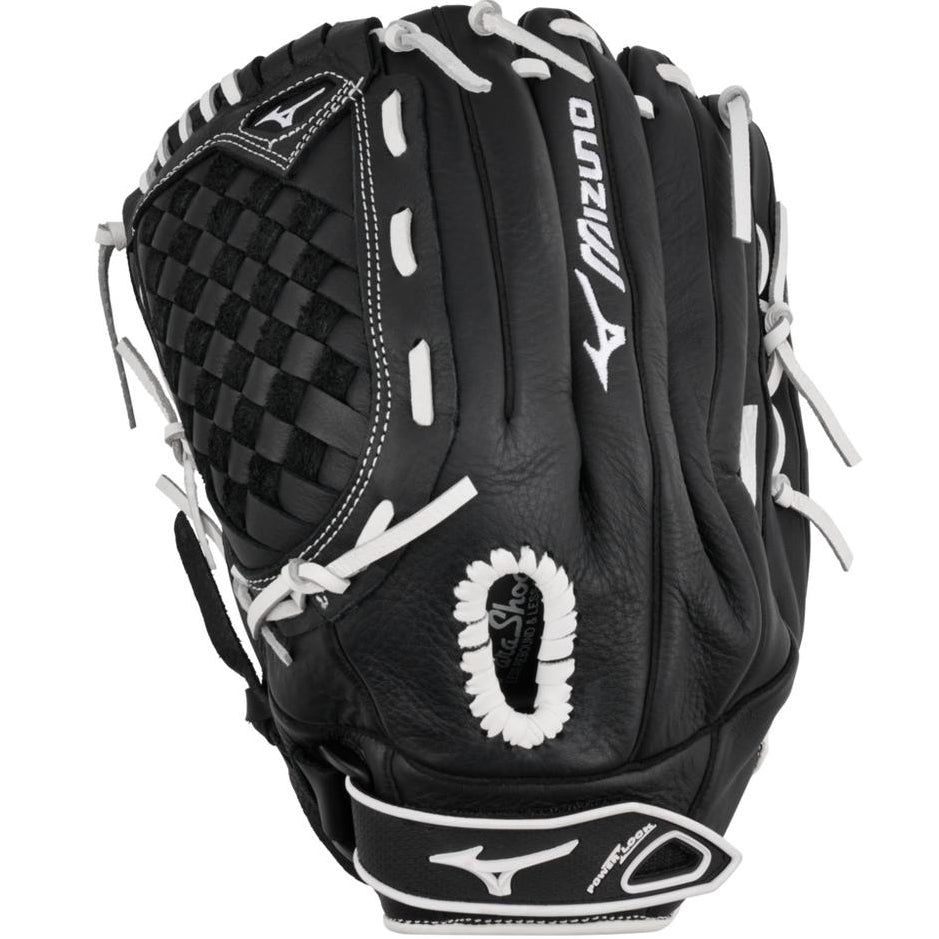 The Mizuno Prospect Select 12.5" Fastpitch Glove (GPSL1250F3) is a black youth softball glove with white laces and stitching, featuring the Mizuno logo and branding on the wrist strap and back.