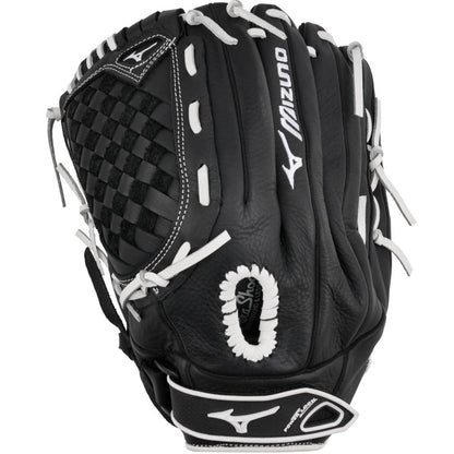 The Mizuno Prospect Select 12.5" Fastpitch Glove (GPSL1250F3) is a black youth softball glove with white laces and stitching, featuring the Mizuno logo and branding on the wrist strap and back.