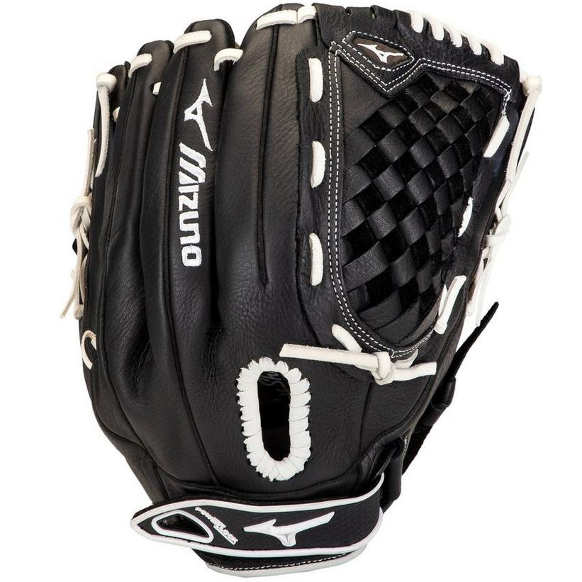 The Mizuno Prospect Select 12.5" Fastpitch Glove (GPSL1250F3) is a black youth glove with white laces, Mizuno branding on the back, and a woven pocket pattern.