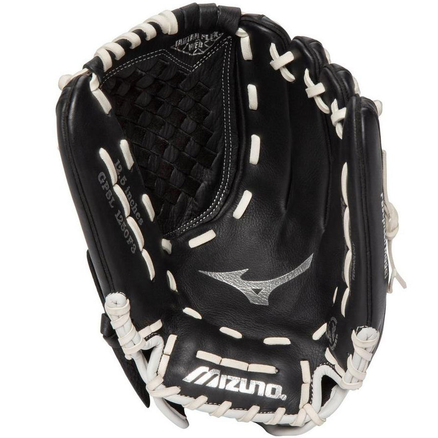 The Mizuno Prospect Select 12.5" Fastpitch Glove (GPSL1250F3) features black leather with white stitching and laces, plus the Mizuno logo on the palm and wrist.