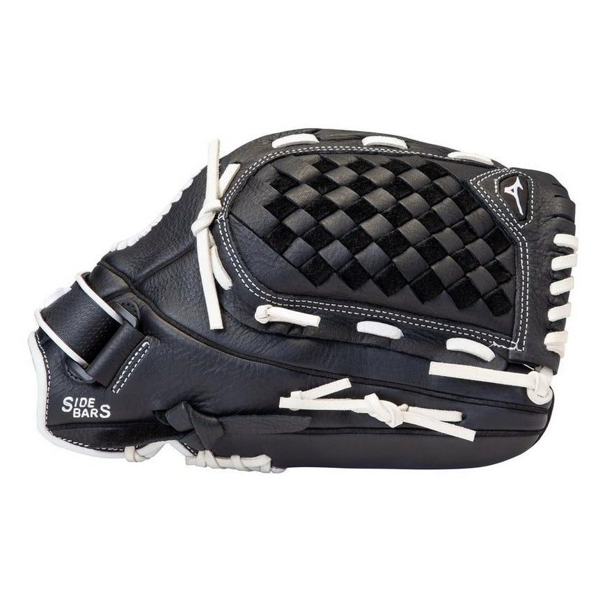 The Mizuno Prospect Select 12.5" Fastpitch Glove (GPSL1250F3, 312855) is a youth glove in black and white.