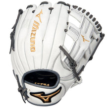 The Mizuno MVP Prime 11.5" Fastpitch Glove (GMVP1150PF4W) is a white softball glove crafted from Bio Soft Leather with gold text.