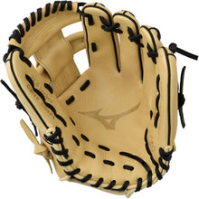 The Mizuno MVP Prime 11.5" Baseball Glove (GMVP1152P4) features tan Bio Soft Leather, black laces, open webbing, and the Mizuno logo on the palm—designed as a premium infielder's glove.