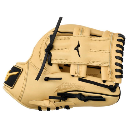 The Mizuno MVP Prime 11.5" Baseball Glove (GMVP1152P4) features tan Bio Soft Leather, black laces, a logo on the wrist strap, and is shown from the side highlighting its webbing and thumb grip.