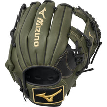 The Mizuno MVP Prime 11.5" Baseball Glove (GMVP1154P4) features an olive green design with black laces, a black palm, gold Mizuno logos, Bio Soft Leather, and open webbing for infielder performance.