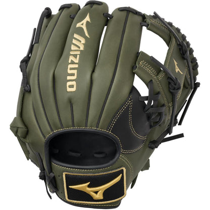 The Mizuno MVP Prime 11.5" Baseball Glove (GMVP1154P4) features an olive green design with black laces, a black palm, gold Mizuno logos, Bio Soft Leather, and open webbing for infielder performance.
