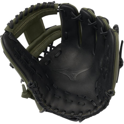 The Mizuno MVP Prime 11.5" Baseball Glove (GMVP1154P4) features black and dark green Bio Soft Leather, visible stitching, and the Mizuno logo in the palm—ideal for infielders seeking style and performance.