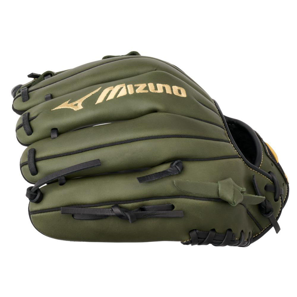 The Mizuno MVP Prime 11.5" Baseball Glove (GMVP1154P4) features an olive green design with black laces, a gold Mizuno logo on the back, and is crafted from smooth Bio Soft Leather for infielder use.