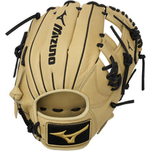 The Mizuno MVP Prime 11.75" Baseball Glove (GMVP1177P4) features a tan design with black lacing, the Mizuno logo on the wrist and back, and is crafted from Bio Soft Leather for an exceptional feel.