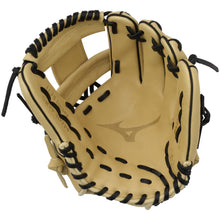 The Mizuno MVP Prime 11.75" Baseball Glove (GMVP1177P4) features tan Bio Soft Leather, black laces, and an embroidered palm logo, displayed open with its inner side facing the viewer.
