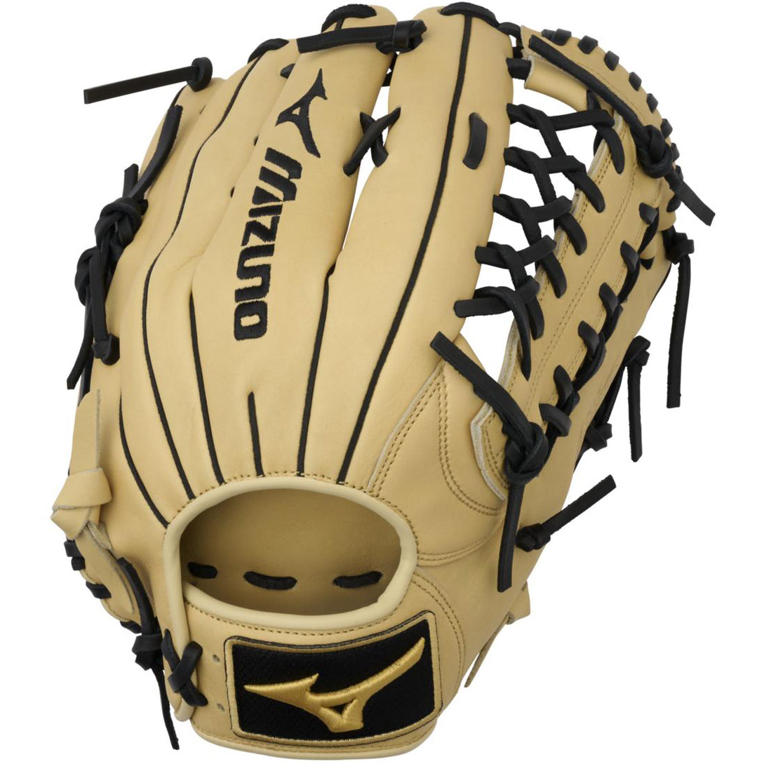The Mizuno MVP Prime 12.75" Baseball Glove (GMVP1277P4) features black laces and logo, Bio Soft Leather, an open web design, and an adjustable wrist strap.