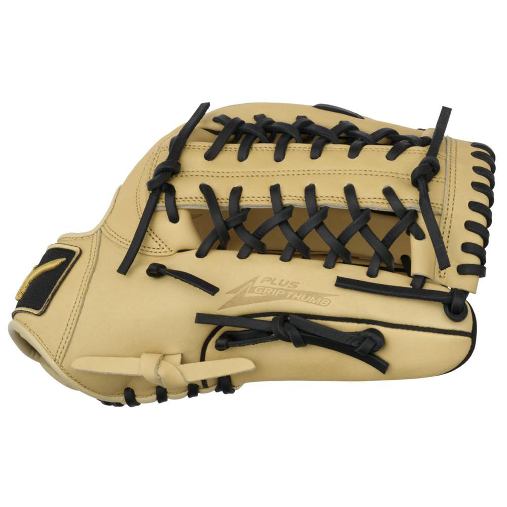 The Mizuno MVP Prime 12.75" Outfielder Glove (GMVP1277P4) features tan Bio Soft Leather with black lacing and A Plus Grip Thumb, displayed palm down to highlight its detailed back and design.