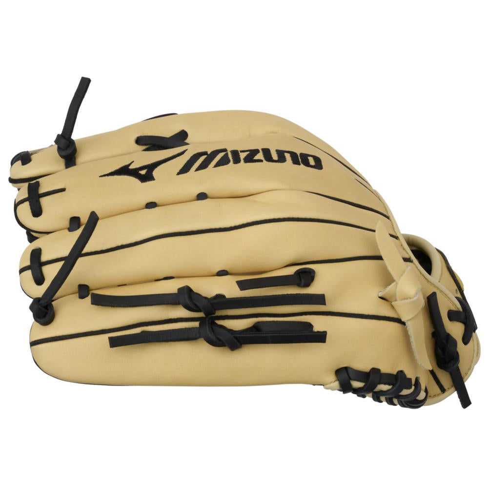 The Mizuno MVP Prime 12.75" Baseball Glove: GMVP1277P4 (313233) features tan Bio Soft Leather, black laces, the Mizuno logo on the back, and comfortable finger slots, designed for outfield play.
