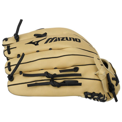 The Mizuno MVP Prime 12.75" Baseball Glove: GMVP1277P4 (313233) features tan Bio Soft Leather, black laces, the Mizuno logo on the back, and comfortable finger slots, designed for outfield play.