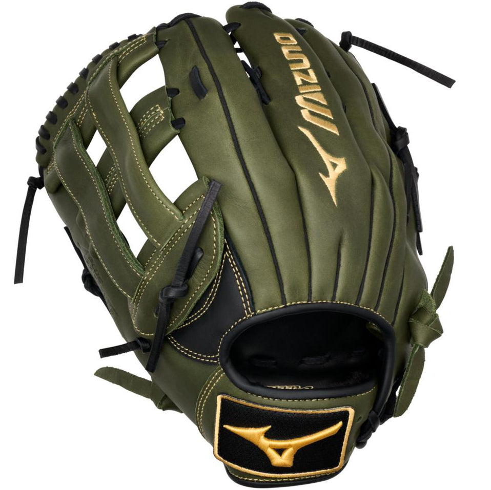 The Mizuno MVP Prime 12.75" Baseball Glove (GMVP1278P4, 313234) features olive green Bio Soft Leather, black laces, gold stitching, and a gold Mizuno logo on the wrist strap—ideal for outfielders.