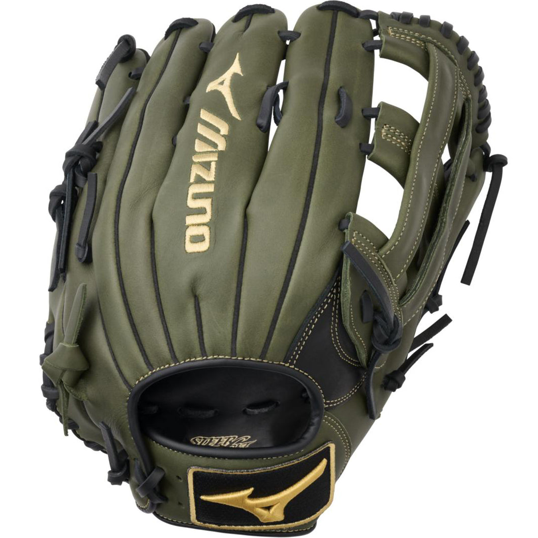 The Mizuno MVP Prime 12.75" Baseball Glove: GMVP1278P4 (313234) features olive green Bio Soft Leather, black laces, and gold logo accents, shown here against a white background.