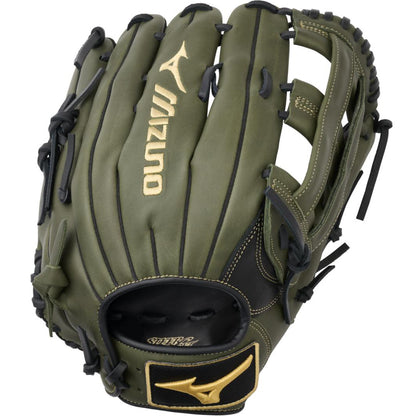The Mizuno MVP Prime 12.75" Baseball Glove: GMVP1278P4 (313234) features olive green Bio Soft Leather, black laces, and gold logo accents, shown here against a white background.