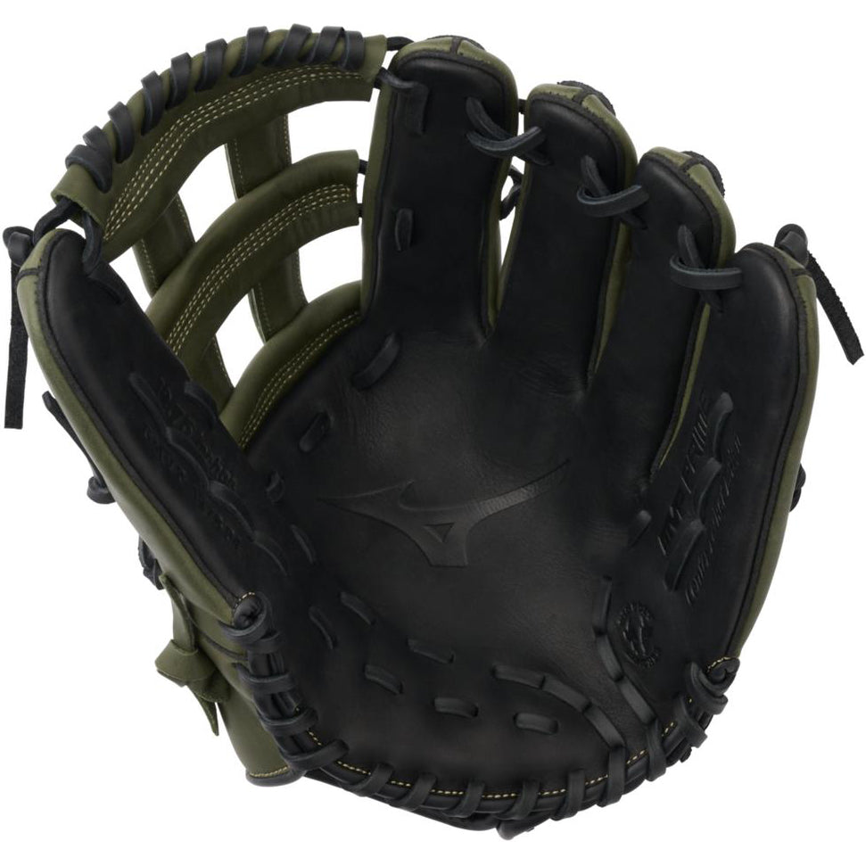 The Mizuno MVP Prime 12.75" Baseball Glove (GMVP1278P4) features black and dark olive green Bio Soft Leather with visible stitching, open webbing, and an embossed Mizuno logo on the palm.