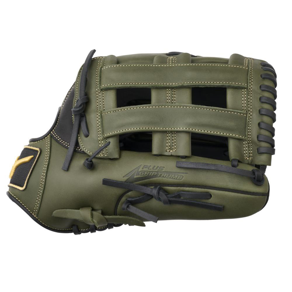 The Mizuno MVP Prime 12.75" Baseball Glove (GMVP1278P4) features olive green Bio Soft Leather, black laces, an open web design, and visible branding—ideal for any outfielder's glove collection.
