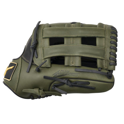The Mizuno MVP Prime 12.75" Baseball Glove (GMVP1278P4) features olive green Bio Soft Leather, black laces, an open web design, and visible branding—ideal for any outfielder's glove collection.