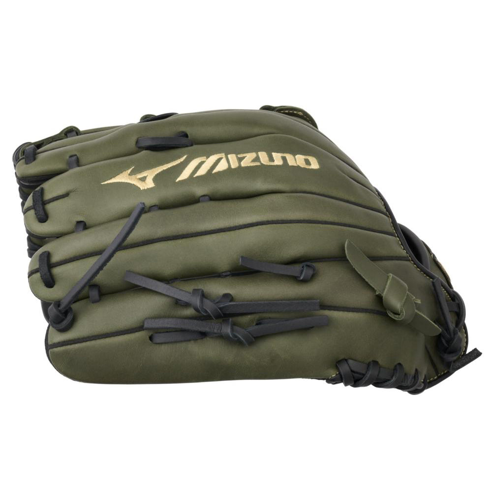 The Mizuno MVP Prime 12.75" Baseball Glove (GMVP1278P4) is olive green, ideal for outfielders, crafted from Bio Soft Leather with black laces and features gold-stitched Mizuno branding on the back.