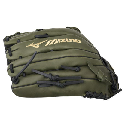 The Mizuno MVP Prime 12.75" Baseball Glove (GMVP1278P4) is olive green, ideal for outfielders, crafted from Bio Soft Leather with black laces and features gold-stitched Mizuno branding on the back.