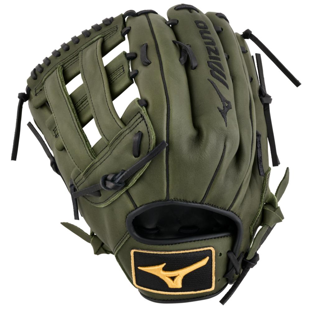 The Mizuno MVP Prime 13" Slowpitch Glove (GMVP1300PSP) features an olive green design with black laces, H-web, reinforced stitching, Bio Soft Leather, and a black and gold Mizuno logo patch near the wrist opening.