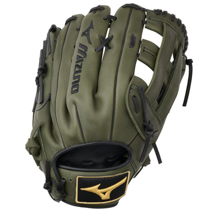 The Mizuno MVP Prime 13" Slowpitch Glove: GMVP1300PSP (313237) features green Bio Soft Leather with black stitching, accents, and logo, plus a gold patch near the wrist. Crafted by Mizuno for slowpitch players.