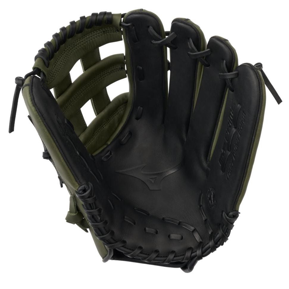 The Mizuno MVP Prime 13" Slowpitch Glove: GMVP1300PSP (313237) features a black and dark green design, black laces, visible stitching, Bio Soft Leather construction, and the Mizuno logo on the palm.