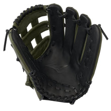 The Mizuno MVP Prime 13" Slowpitch Glove: GMVP1300PSP (313237) features a black and dark green design, black laces, visible stitching, Bio Soft Leather construction, and the Mizuno logo on the palm.