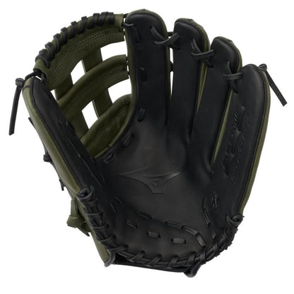 The Mizuno MVP Prime 13" Slowpitch Glove: GMVP1300PSP (313237) features a black and dark green design, black laces, visible stitching, Bio Soft Leather construction, and the Mizuno logo on the palm.