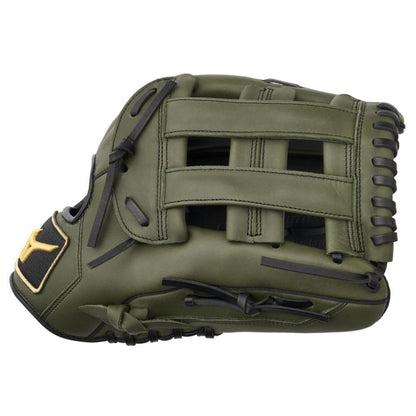 The Mizuno MVP Prime 13" Slowpitch Glove: GMVP1300PSP (313237) features olive green Bio Soft Leather, black laces and accents, a woven web, and a small gold logo on a black patch near the wrist.