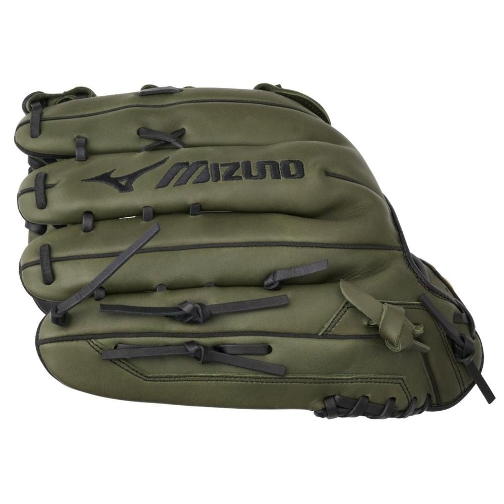 The Mizuno MVP Prime 13" Slowpitch Glove (GMVP1300PSP) features olive green Bio Soft Leather with black stitching and laces, viewed from the top with the Mizuno logo clearly visible.