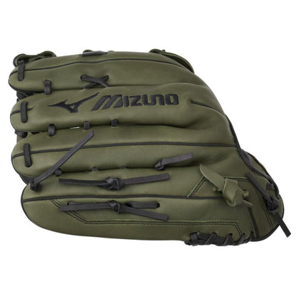 The Mizuno MVP Prime 13" Slowpitch Glove (GMVP1300PSP) features olive green Bio Soft Leather with black stitching and laces, viewed from the top with the Mizuno logo clearly visible.