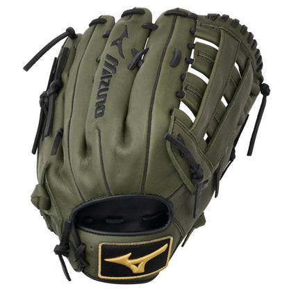 The Mizuno MVP Prime 14" Slowpitch Glove: GMVP1400PSP (313238) features olive green Bio Soft Leather, black laces, and a black-and-gold Mizuno logo on the wrist strap, with webbing and finger slots shown from an angle.