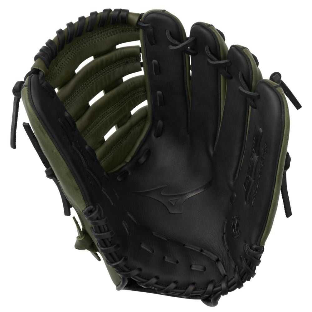 A Mizuno MVP Prime 14" Slowpitch Glove (GMVP1400PSP) in black and dark green, made of Bio Soft Leather with visible stitching, laces, and finger slots, is displayed open to reveal the palm side.