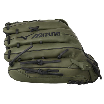 The Mizuno MVP Prime 14" Slowpitch Glove (GMVP1400PSP) features olive green Bio Soft Leather, black laces, and a black embroidered Mizuno logo on the back. The glove is closed and lies flat.