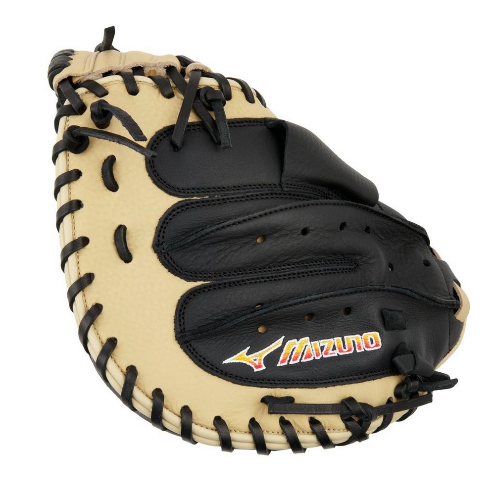 The Mizuno Franchise 33.5" Baseball Catcher's Mitt (GXC90B5) features tan and black full-grain leather, black laces, and an embroidered Mizuno logo. This mitt is shown against a white background.